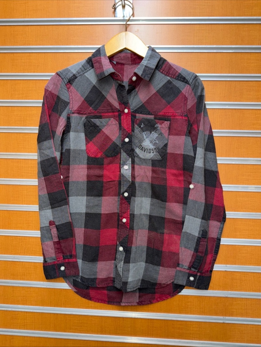 Harley-Davidson Red and Gray Plaid Button-Down Shirt